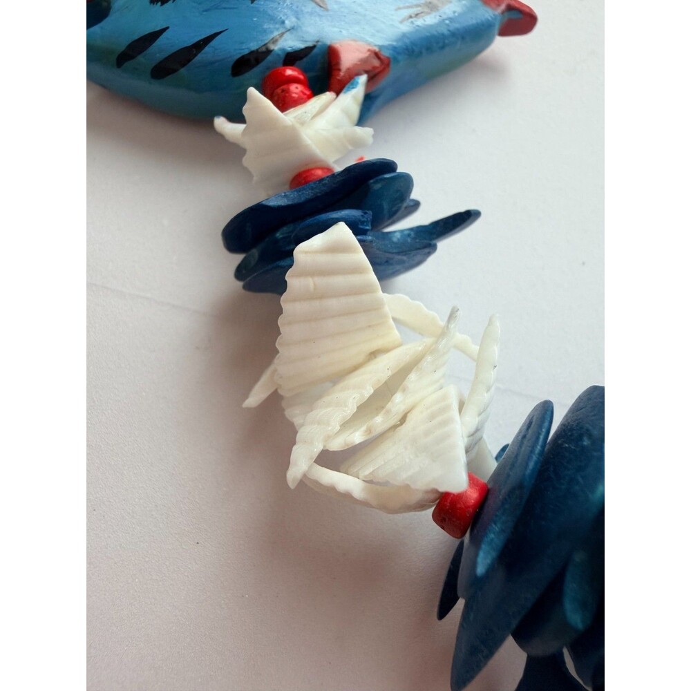 Vintage Hand Carved Wood Tropical Fish Shell Statement Necklace Blue Ocean Boho - Picture 3 of 8
